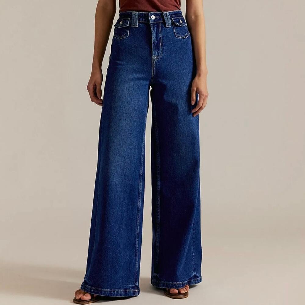 NEW Free People We The Free Blue Night Kellee High Rise Palazzo Wide Leg Jeans